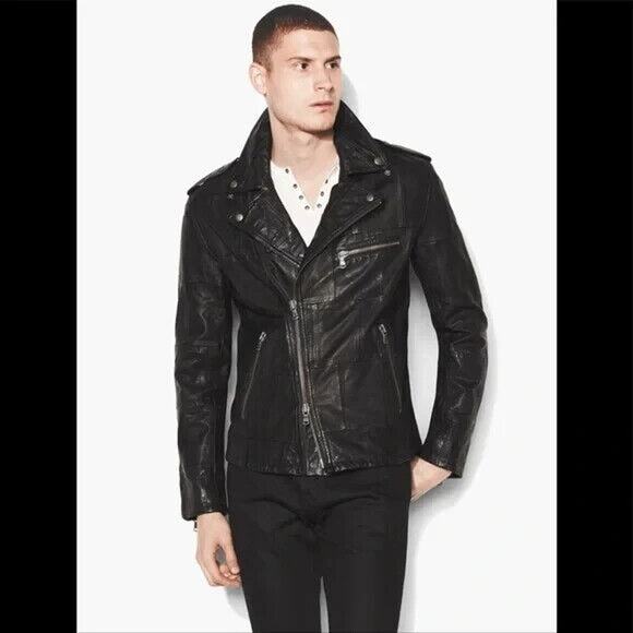 John Varvatos LN Black Leather Patchwork Moto Biker Double Zip Jacket XXL 2XL